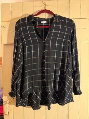 JJill Black WIndowpane Grid Black Tan and White Plaid Shirt Small Petite